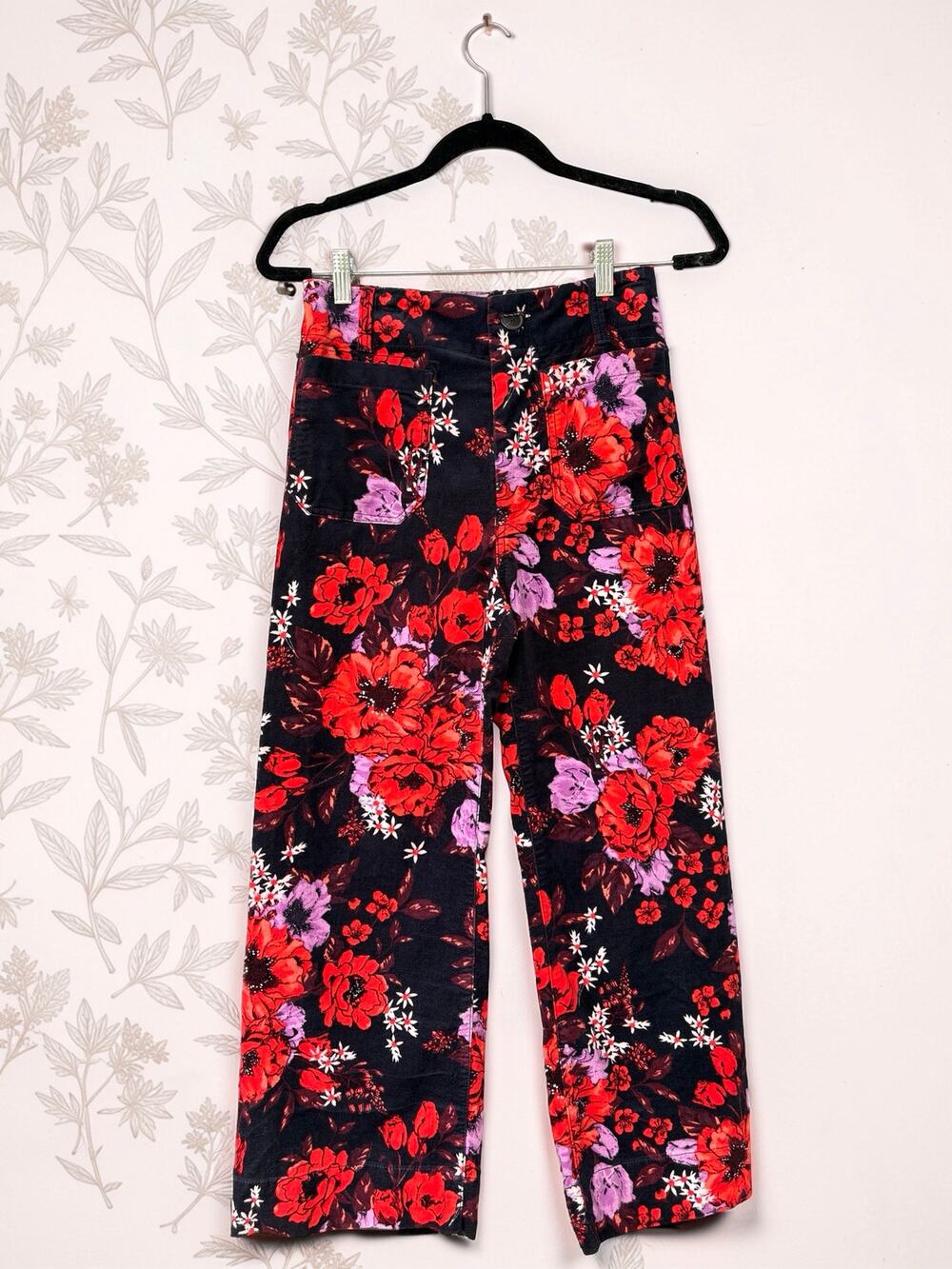 Maeve Anthropologie The Colette Pants Size 27 Black Red Floral Wide Leg NWOT